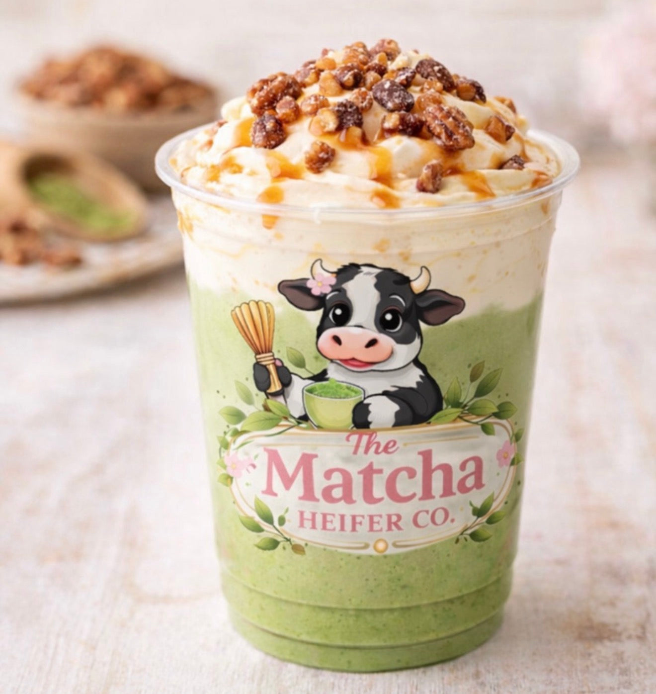Butter Pecan Barn Matcha
Buttery pecan syrup with matcha & sweet cream foam topped with pecan crumble